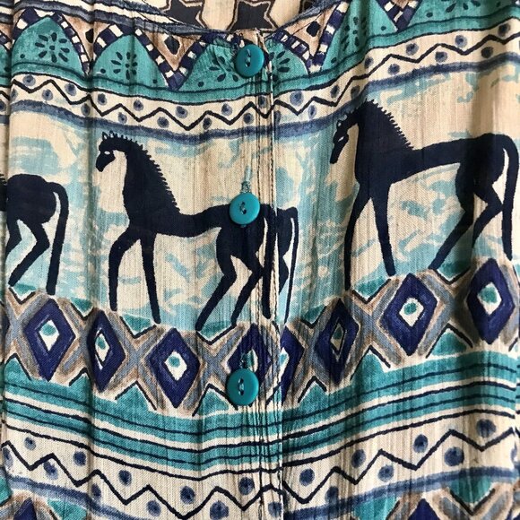 Vintage Phool Maxi Dress South West Folk Horse Print Indian Broomstick Button‎ M - Picture 5 of 9